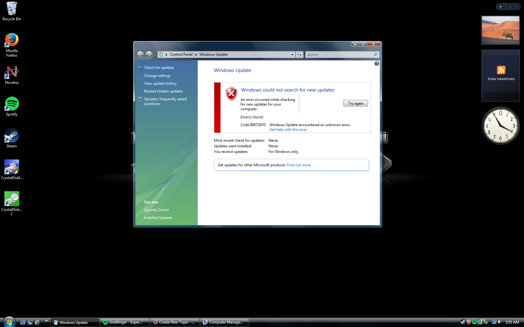 computer di errore di aggiornamento di Windows Vista 80072efd